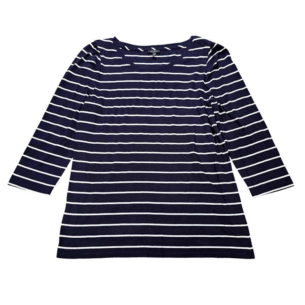 Talbots Pima Cotton Top Women's Size L Navy White Striped 3/4 Sleeve Boat Neck